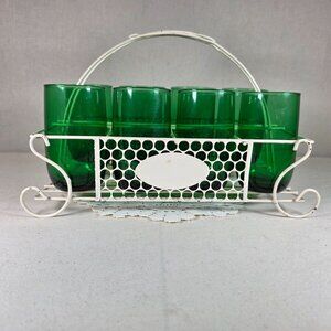 Vintage Emerald Green Glass Tumbler Set with White Metal Carrier Caddy MCM-Barwa